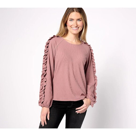 Studio Park x Shawn Killinger Rib Knit Ruffle Sleeve Top Dusty Plum,M - Picture 1 of 1